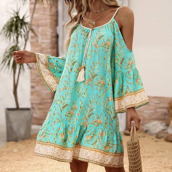 Mint Green Boho Womens Floral Print Cold Shoulder Tassel Trim Ruffle Hem Dress - Picture 4 of 5